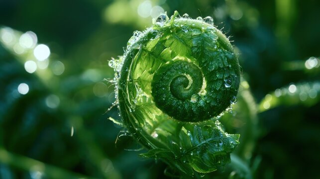 Fern leaf spiral captures the essence of natural geometry as it gathers glistening moisture from the morning air.