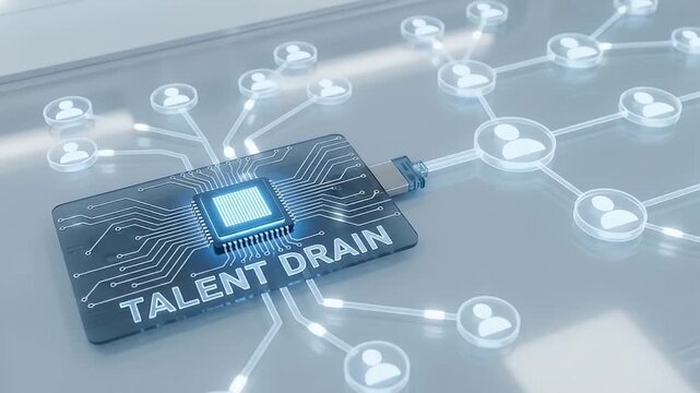 Talent drain concept featuring digital microchip and network connection icons representing skilled workforce loss in technology and business sectors impacting people and business growth