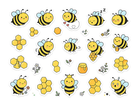 Cute cartoon bee and honeycomb sticker set, hand drawn insect illustrations on white