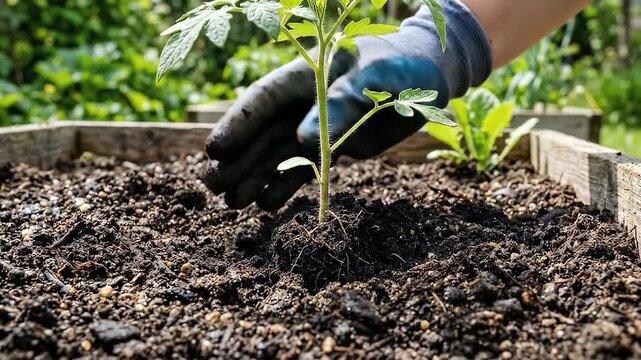 Tomato seedling planting gardening soil garden bed hand with glove young plant outdoor growth agriculture nature green organic farming cultivation environment spring summer healthy fresh earth