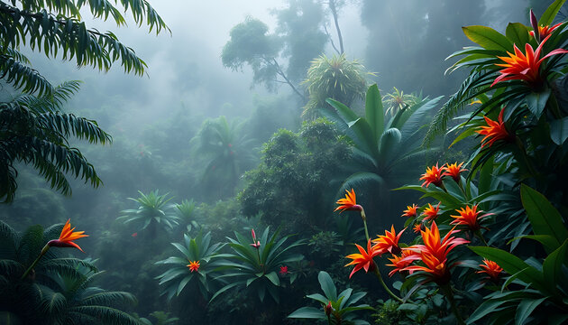 Lush Tropical Rainforest in Mist with Orange Bromeliads