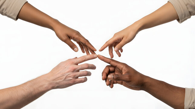Four diverse hands joining together in teamwork and unity gesture on white background