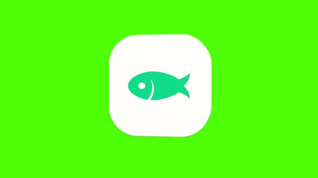 3D animated fish seafood icon on a white rounded card with a green screen background. Smooth loop motion, perfect for mobile app UI, restaurant seafood, and video editing elements.