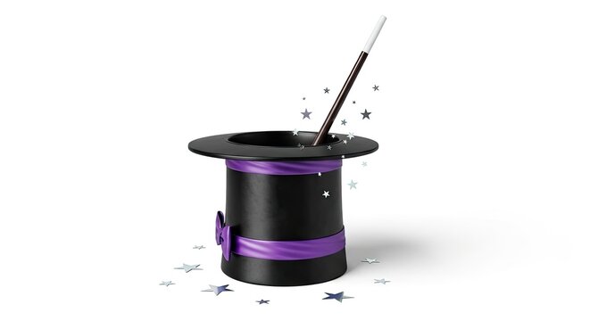 A black top hat with a purple ribbon sits on a white surface, with a magic wand emerging from the hat. Stars are scattered around the hat and the surface, creating a magical atmosphere.