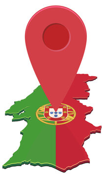3D isometric map of Portugal with the national flag texture and a large red pin pointer representing geographical location, travel destination, navigation, and logistics (cut out)