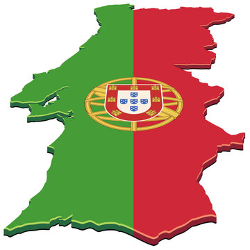 3D isometric map of Portugal stylized with the Portuguese national flag representing country identity, travel destination, geography, and European sovereignty. (cut out)