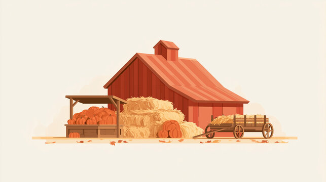 Schematic vector illustration of a rural harvest festival, a red barn with a pointed roof, straw bales stacked in front, a wooden stand filled with orange pumpkins, a hay wagon