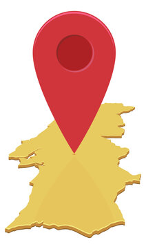 3D isometric map of Portugal with a large red pin pointer representing geographical location, travel destination, navigation, and local business tracking (cut out)