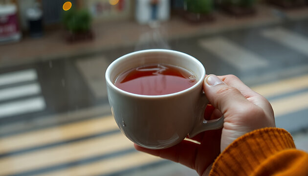 Hand holding a steaming mug of hot tea by a window with a blurred street view, symbolizing comfort and warmth.