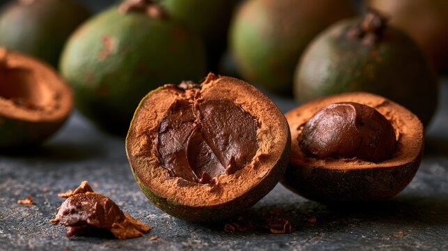 Feijoa fruit displays a rich, dark brown interior texture when sliced open on a rustic stone surface.