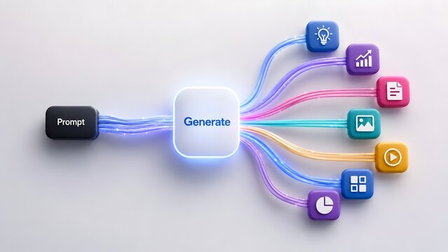3D render of generative artificial intelligence process with prompt block connecting to multimedia output icons via glowing cables