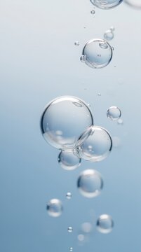 Clear water bubbles suspended in liquid, showcasing transparency and purity with a soft blue background.