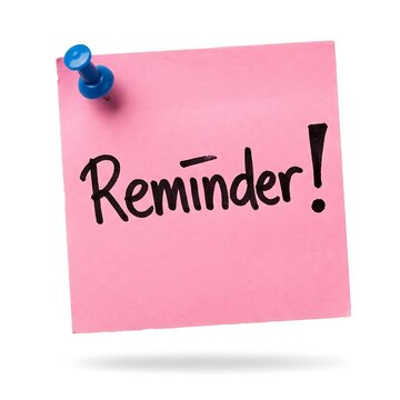 Pink sticky note with the word reminder written on it isolated on white background