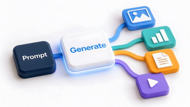 Minimalist 3D diagram showing a prompt block connecting to a generate hub that outputs multimedia content icons on a white background