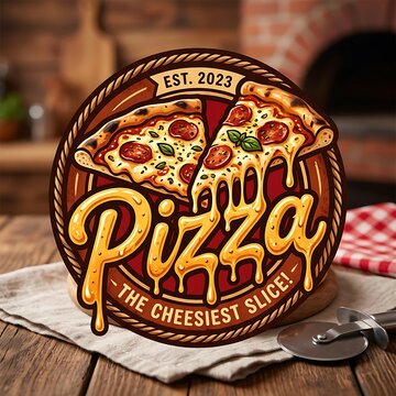 Pizza logo design with melting cheese and pepperoni slices