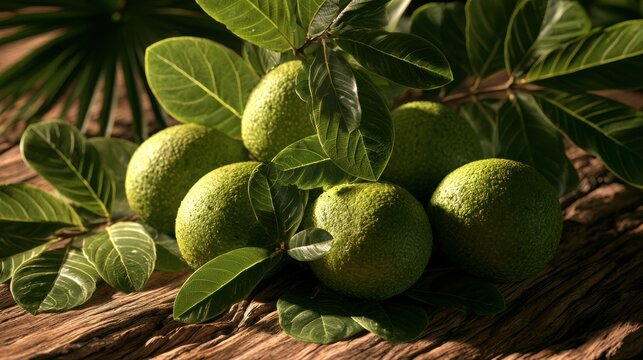 Breadfruit hangs from a branch with textured green rinds and broad leaves resting on a rustic wooden surface.