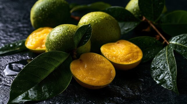 Mangoes with vibrant yellow flesh sit alongside green skins and dark leaves on a textured stone surface.
