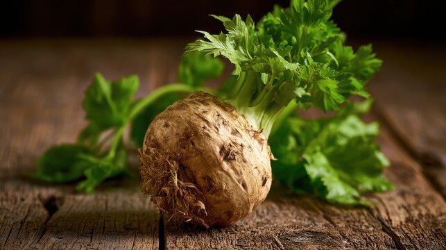 Celeriac root vegetable with leafy green tops rests on a textured wooden background for professional cooking.