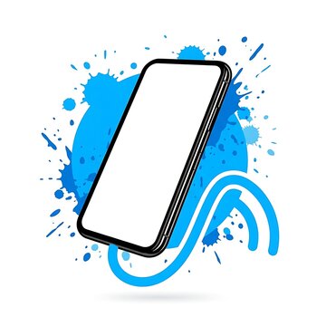 Smartphone mockup with blue paint splashes and abstract wave lines