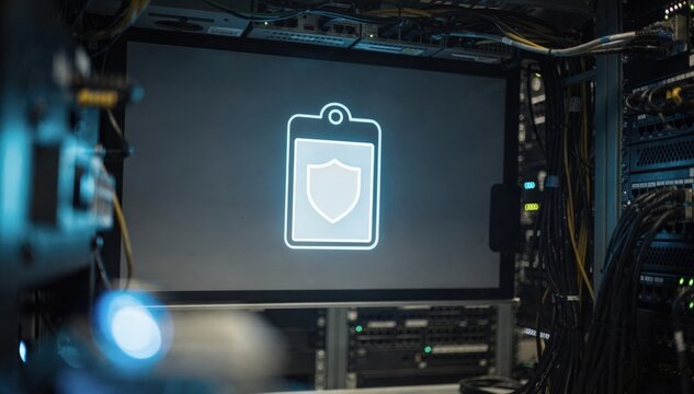 Sharp medium shot of a security badge projected on screen during secure copying of encrypted software images with blurred hardware and cables creating depth.