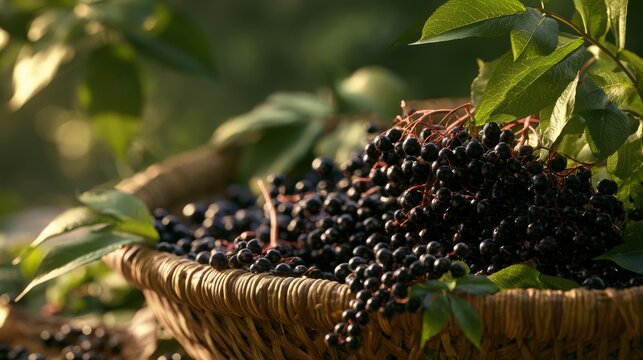 Elderberries collected in a woven basket sit outdoors with soft sunlight highlighting the dark fruit and vibrant green foliage.