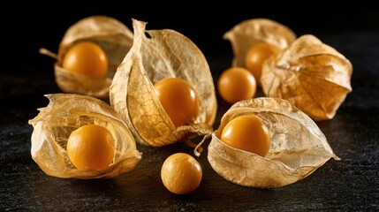Naklejka premium Physalis fruits sit arranged on a dark surface to highlight their papery husks and golden berries.