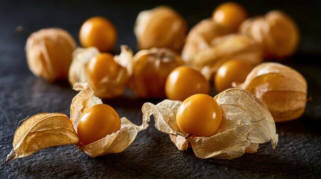Physalis berries display their vibrant orange color within delicate, dried translucent outer shells.