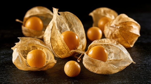 Physalis fruits sit arranged on a dark surface to highlight their papery husks and golden berries.