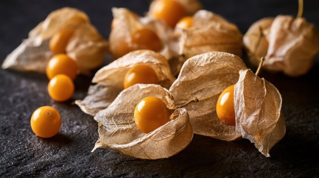 Physalis fruits are scattered on a dark textured table showing their delicate dried outer leaf coverings.