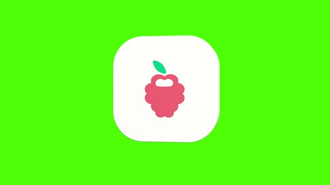 3D animated sweet raspberry icon on a white rounded card with a green screen background. Smooth loop motion, perfect for mobile app UI, fresh berry, and video editing elements.