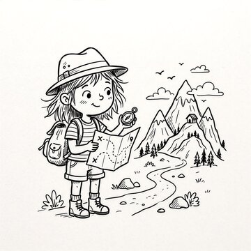 A Little Girl Explorer Navigating Through the Mountains with a Compass and a Map Illustration