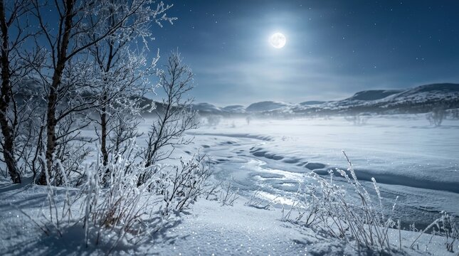 A serene winter landscape is illuminated by a full moon. A frozen river stretches across the foreground, partially covered in snow and ice.