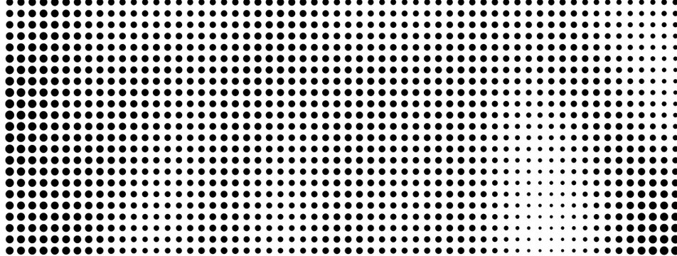 Black and white halftone pattern with gradient dots for modern graphic design backgrounds.