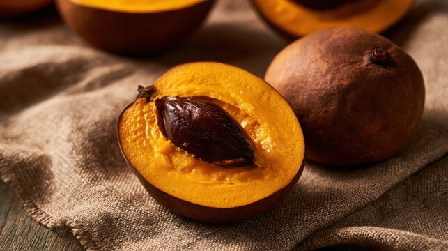 Lucuma fruit is sliced in half to display the vibrant orange flesh and central dark brown seed resting on a linen cloth.