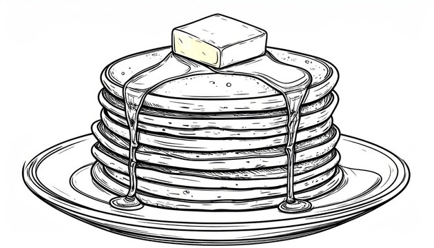 Simple line drawing of pancakes with butter and syrup.