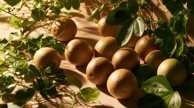 Brown round fruits lie scattered across a wooden table next to lush green vines and soft ambient lighting.