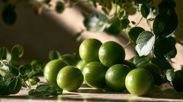 Green plums cluster together on a marble countertop surrounded by vibrant leafy vines under soft natural sunlight.