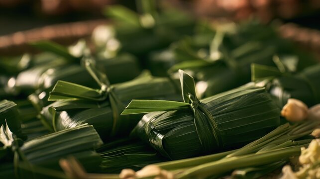 Rice cakes wrapped in green banana leaves sit neatly arranged on a woven tray for a traditional culinary presentation.