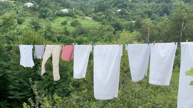 Laundry on the rope in the mountain village in Georgia