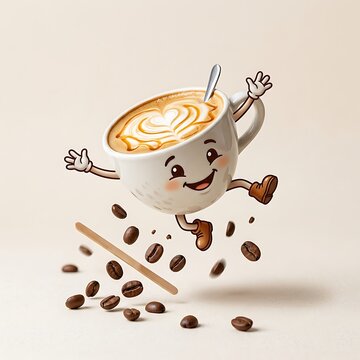 Happy cartoon coffee cup character jumping with coffee beans