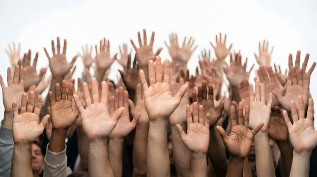 Diverse group of people raising hands in unity against transparent background for commercial use