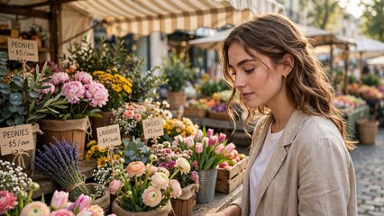 Fototapeta premium Young woman shopping for fresh spring flowers at a local outdoor market