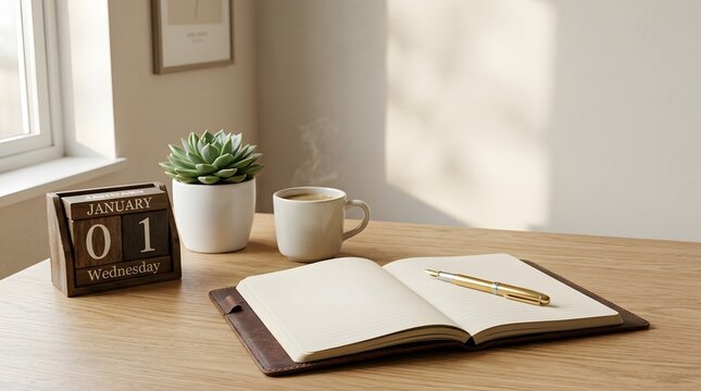 Open notebook with a coffee cup and wooden calendar on a sunny wooden desk workspace