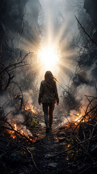 Woman Walking Toward the Light on a Spiritual Journey