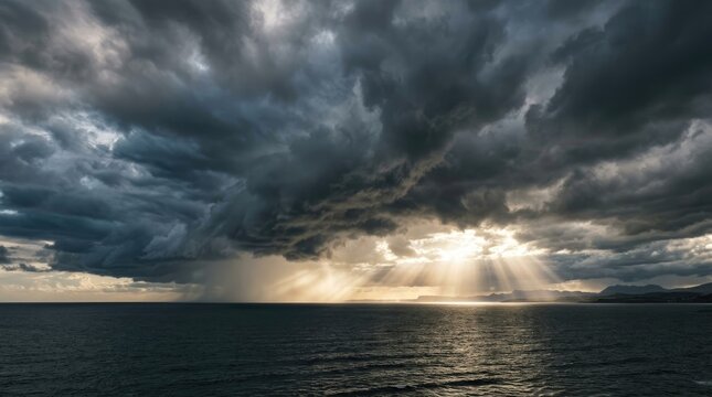 Dark storm clouds dramatically cover the sky, partially obscuring the sun. Rays of sunlight pierce through the clouds, illuminating the ocean below.