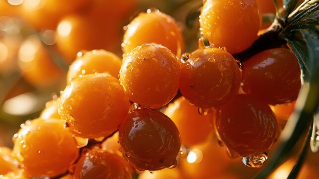 Sea buckthorn berries cluster together on a branch during a sunny autumn afternoon with water droplets.