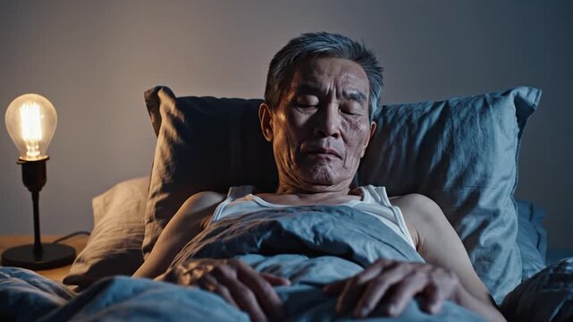 Elderly Man Lying Awake In Bed At Night With Vintage Lamp Light 4K