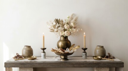 Fototapeta premium A rustic console table displays a beautiful floral arrangement. Two tall, brass candlesticks flank a large, textured ceramic vase filled with dried flowers and grasses.
