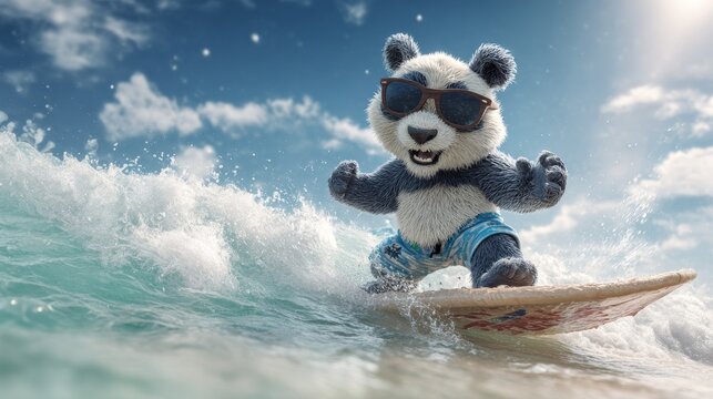 A fluffy panda in sunglasses surfs a wave with glee. The ocean sparkles under a bright, sunny sky