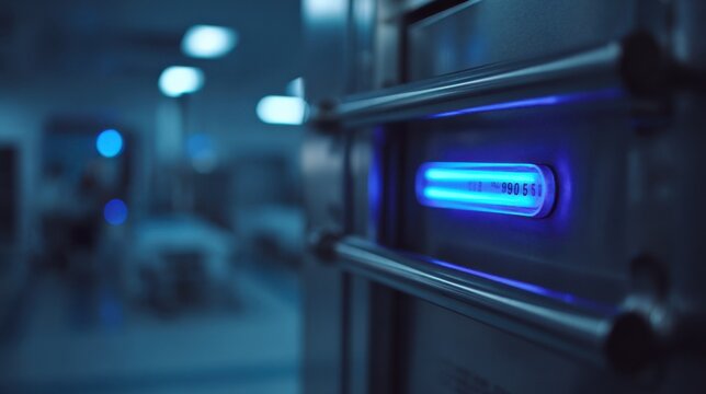 UV light indicator on sterilization cabinet door in cycle focus on glowing light and cabinet texture surrounding hospital environment gently blurred.